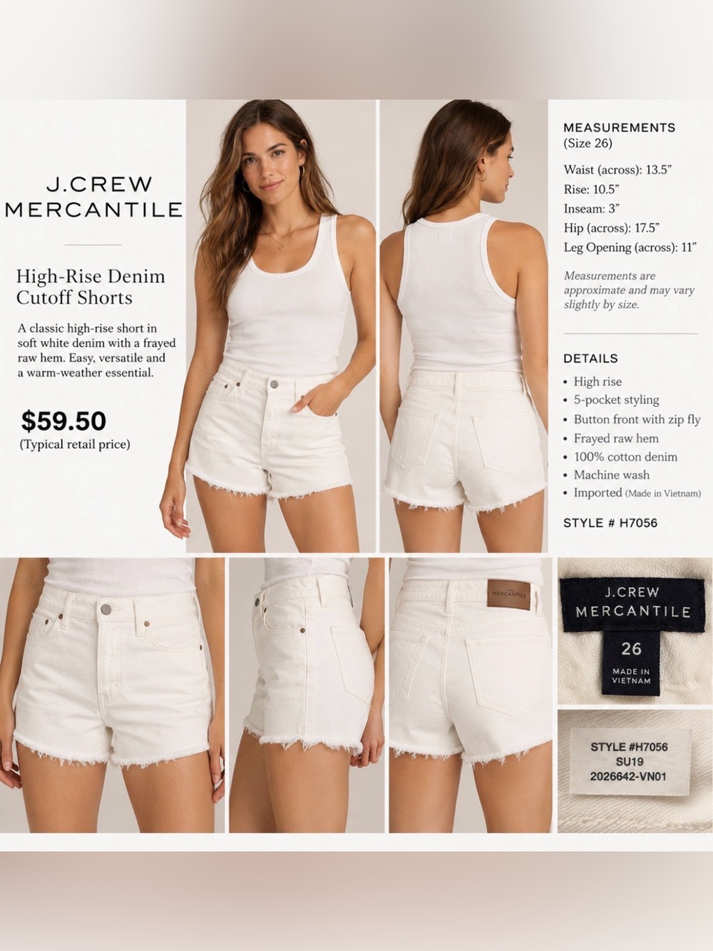 J. Crew Mercantile White High-Rise Cutoff Denim Shorts, Size 26 / 2